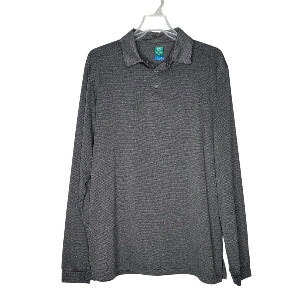 Pro Tour Mens Cool Play Golf Long Sleeve Polo Shirt Medium Gray Pinstripe